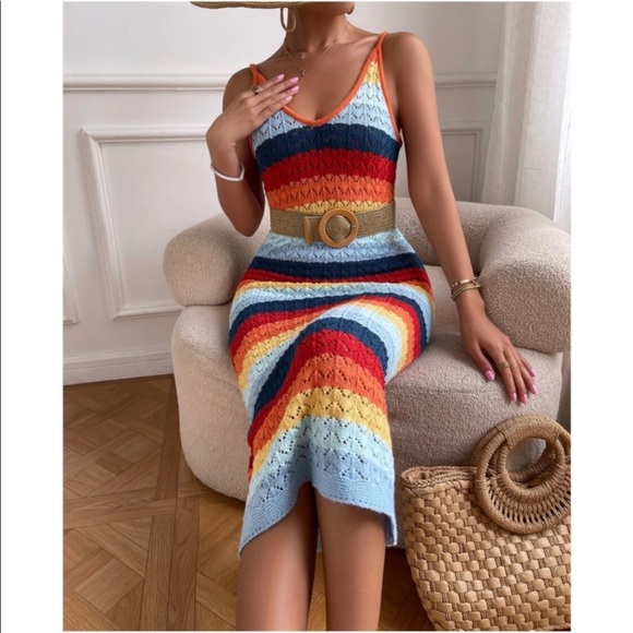 Boho Rainbow Color Block Knit Cami Dress NO BELT - Picture 3 of 7